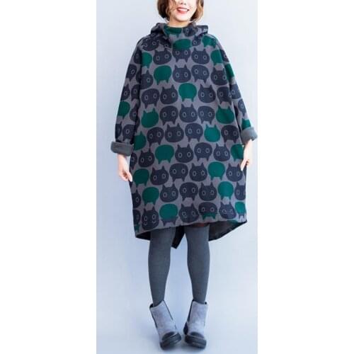 Autumn Women Cat Print Hoodies Kawaii Cartoon Long Hooded Sweatshirt Winter Female Vintage Velvet Thick Hoodie Dress Plus Size