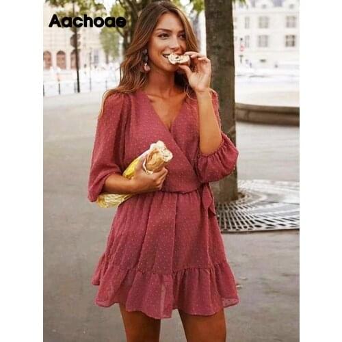 Aachoae 2020 Summer Women Ruffles Lace Chiffon Dress Boho Mini Beach Dress Three Quarter Sleeve Ladies Party Dresses Vestido