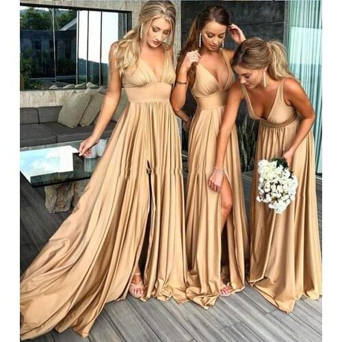 2020 Spandex V Neck Bridesmaid Dress Long A Line High Split Wedding Guest Bridal Party Gowns vestidos de fiesta de noche