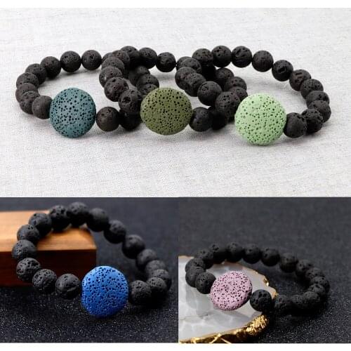 Flat Round Colorful Lava Stone Bracelet DIY Essential Oil Perfume Diffuser Black Beads Friendship Bracelets Women Men Jewelry