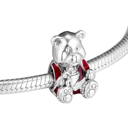 Fits for Pandora Charms Bracelets Christmas Bear Beads with Red Enamel 100% 925 Sterling Silver Jewelry Free Shipping