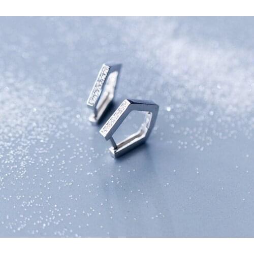 1Pair Authentic Real 100% 925 Sterling Silver fine Jewelry White Zirconia Set Geometric pentagon Hoop Huggie Earrings gtle2426