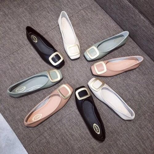 Square toe metal buckle flats solid soft leather shallow woman shoes casual brief moccasins slip on comfy leisure female loafers
