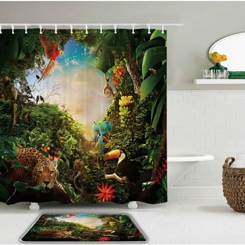 Forest landscape Animals Waterproof Shower Curtain Set Tiger, lion, Bird Bathroom Curtains and Toilet Non-slip Mat Bath Mat Rug