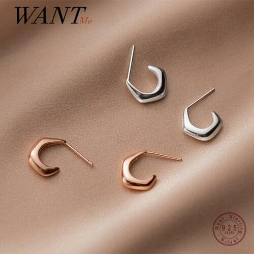 WANTME Real 925 Sterling Silver Geometric Minimalism Initials C Stud Earrings for Women Punk Rock Girl Party Jewelry Gift 2021