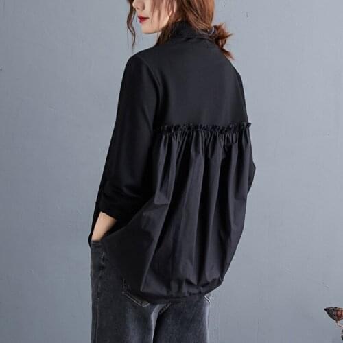 Oversized Womens Long-sleeved T-shirt 2020 New Retro High-neck Loose Literary and Comfortable Black Stitching All-match Shirt