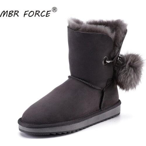 MBR FORCE Crystal Rhinestone Pom-pom Brooch Women Winter Boots Shoes Fox Fur Ball Sheepskin Suede Leather Wool Lined Snow Boots