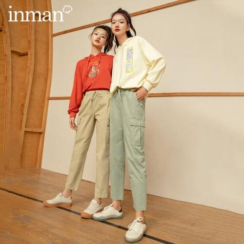 INMAN Autumn Winter Medium Waist Drawstring Belt Cotton Comfortable Bilateral Square Bag Casual Pants Women Tro