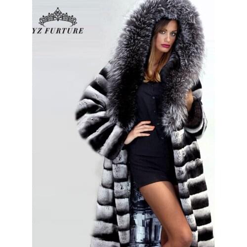 Autumn Winter Long Real Rex Rabbit Fur Jacket Thick Warm Hood Real Fox Fur Collar Overcoat Women Real Natural Fur Outer Garment