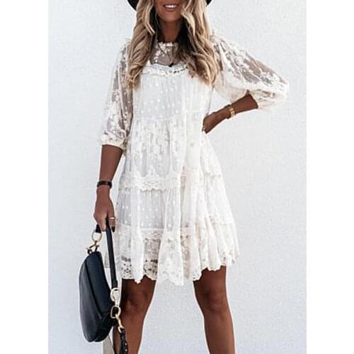 Womens Summer Fashion dress Female Lace Cotton Pullover Dresses Beach Clothing White Sexy Dresses