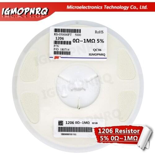 1Reel 5000Pcs 1206 SMD 5% Chip Resistor Resistance 0 ~ 10M ohm 0R 1R 18R 47R 56R 470R 1K 4.7K 47K 10K 100K 220K 680K 560K