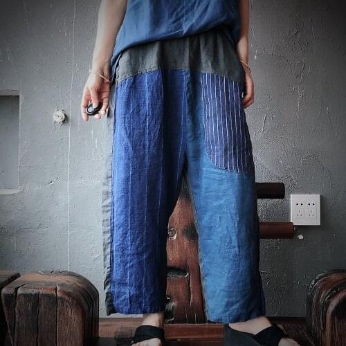 2020 high-end washed yarn dyed pure linen color contrast Capris 1671