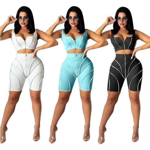 2021 Summer 2pcs Tracksuits Womens Outfits Solid Sleeveless Patchwork Zipper Crop Top High Waist Jogging Shorts Club Bodycon XXL