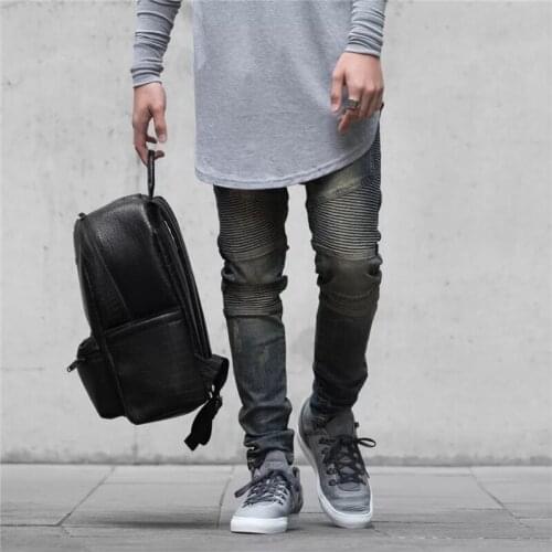 Biker jeans Knee wrinkle slim legged elastic pants washing fashion mens jeans new summer