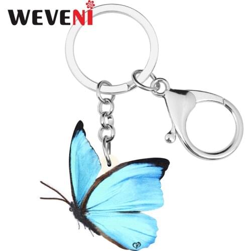 WEVENI Acrylic Blue Morphidae Keychains Keyring Insect Animal Key Chain Jewelry For Women Kids Girl Fashion Gift Car Accessories