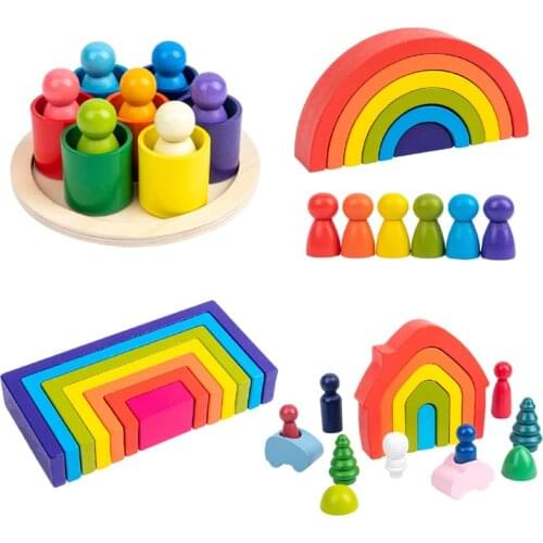 Wooden toys DIY assembled house rainbow building blocks set children Montessori early learning stacked balance educational toys