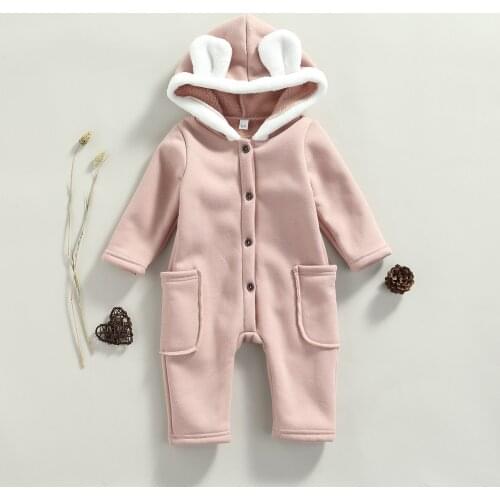 0-12M Infant Baby’s Boy Girl Casual Long Sleeve Jumpsuit Fashion Contrast Color Button Plus Velvet Hooded Romper