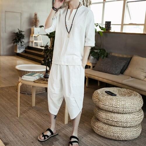 New Mens Thin Linen Suit Summer Chinese Style Loose Large Size Cotton and Linen 2 Pieces/set of Short-sleeved Pants Mens Sets
