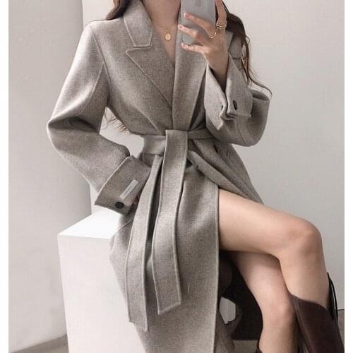 Wavsiyier Jacket Loose Notched Collar Solid Thicken Warm Coat Women Woolen Blend Coats Ladies 2020 Elegant Winter Lace-Up Long