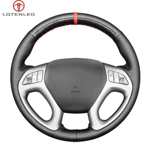 LQTENLEO Black Genuine Leather Carbon Fiber Hand-stitched Car Steering Wheel Cover For Hyundai ix35 2010-2016 Tucson 2 2010-2015