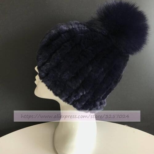 Magicfur - Fur Hat Navy Blue Real Rex Rabbit Fur Knitted Hat W Soft Fox Fur Pom Ball Warm Winter Hat Warmer For Love