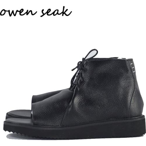 Owen Seak Men Sandals Shoes High-TOP Rome Sandals Flip Flops Luxury Trainers Genuine Leather Lace Up Men Owen Sandals Black