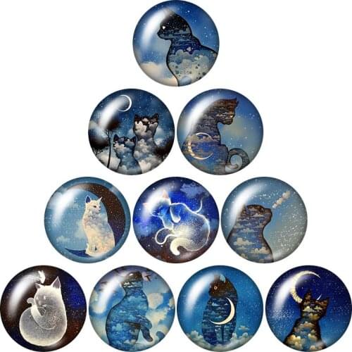 New Moon Sky style Cat Dark blue night 10pcs mixed 12mm/16mm/18mm/25mm Round photo glass cabochon demo flat back Making findings