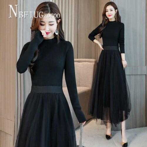 2020 New Slim Patchwork Knitting Women Dress Solid Color Lace Female Dresses