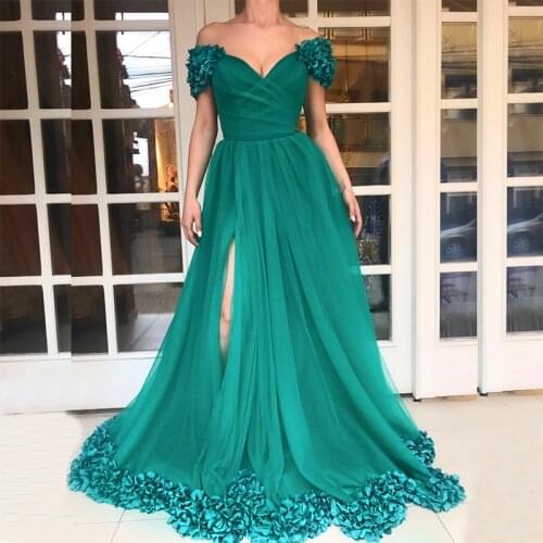 2021 Latest Charming Turquoise Long Prom Party Dresses Sweetheart Off Shoulder Sleeves Flowers Wedding Party Gowns Side Slit