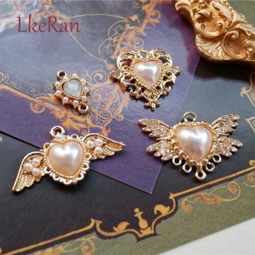 NEW Fashion 2Pcs 32*24mm Angel Wings Heart Pendant Buttons Pearl Rhinestones For Needlework Sewing Accessories Decoration