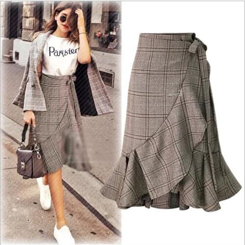 Office Skirts England Style Red Plaid High Waist Midi Skirts Woolen A Line Pleated 2020 Winter Women Tartan Skirts CL91