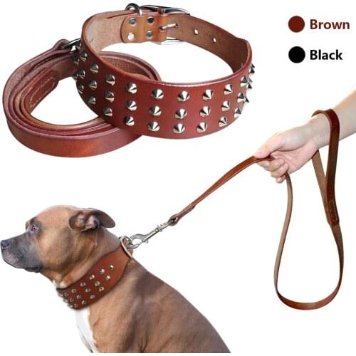 Cool Studded Genuine Leather Pet Dog Collars Leash Set For Medium Large Dog Pitbull Boxer Bulldog S M L Black Brown