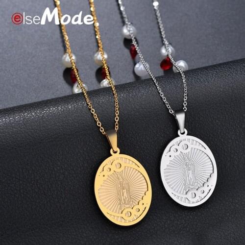 ELSEMODE Virgin Mary Pendant Necklace for Women Girls Steel Gold Stainless Steel Rhinestone Women Girls Amulet Christmas Gifts