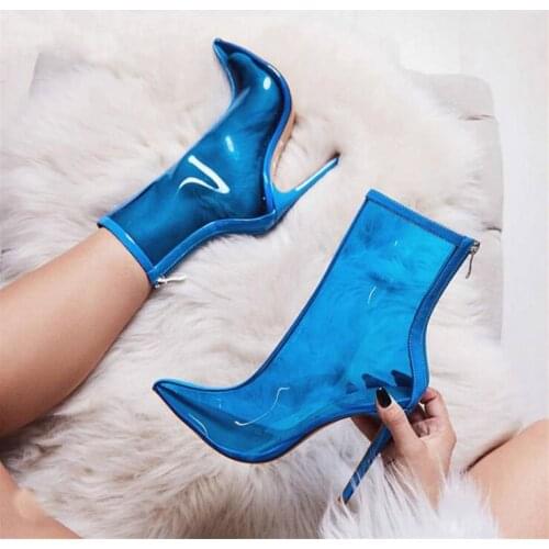 Sexy Blue Fluorescent Woman Ankle Boots 2018 Pointed Toe Clear PVC Transparent Socks Boots Shoes Back Zipper Ladies Dress Boot