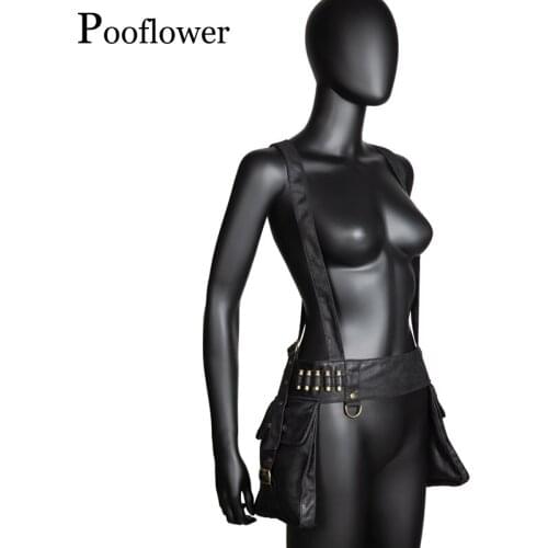 Pooflower Gothic Eyeket Bandage Lace Up Waist Belt Bag Unisex Vintage Punk Moto Pouch Bag for Women and Man Running Bag ZH103
