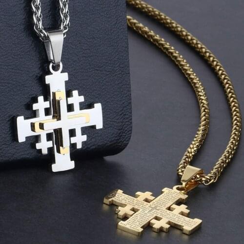 Religious Holy Bible Verse Necklaces for Men Women Stainless Steel Jerusalem Cross Pendant Chain Necklace Medieval Jewelry NC123