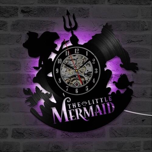 The Little Mermaid Pattern Vintage Home Decor Vinyl Record Clock Wall Art Handmade Creative Hanging Silent LED Wall Clock