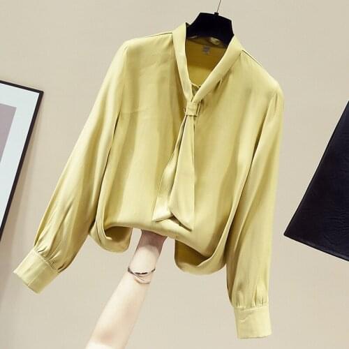 Long Sleeve Bow V-Neck Chiffon Office Blouse Shirt Tops Womwn Blusa Blouse Women Blusas Mujer De Moda 2021 Women Clothing D938