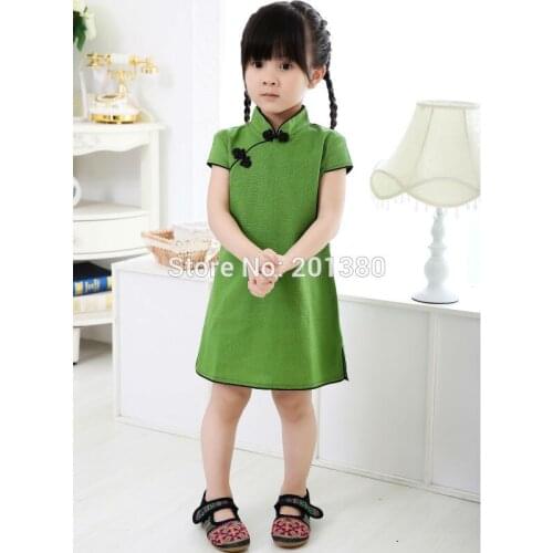 Green Chinese Girls dress baby girl clothes summer Baby QIPAO cheongsam chi-pao cotton Traditional dresses Children Clothes