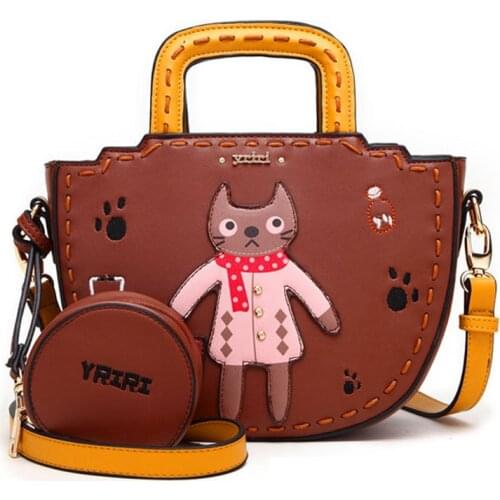 Women Bags Leather Patchwork Embroidery Handbag Shoulder Bags Cross Messenger Bag Female Tote Braccialini Style Cartoon Cat Lady