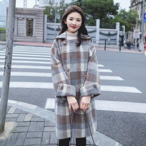 Womens 2020 Autumn Winter Woolen Coat Female Outwear Mid-length Lapel Single-breasted Plaid Padded Wool Coat Women Thicken Q229