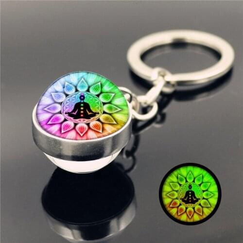 Glow in the Dark 7 Chakra Yoga Meditation Glass Ball Key Chain Chakra Reiki Healing Silver Color Keychain Spiritual Jewelry