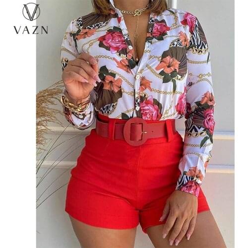 VAZN 2021 fashion hot sale summer women casual style long sleeve lapel top elastic short pants printed two piece sets