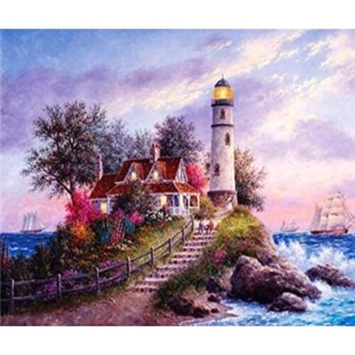 DIY 5D Diamond Painting Seaside Scenery Living Room Decoration Masonry Painting Lighthouse Cottage Full of Diamonds GJ565