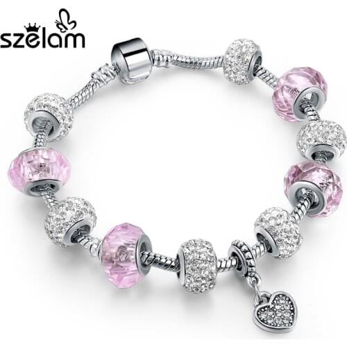 Szelam Silver Pink Beads Bracelets For Women 2019 Vintage Heart Pendant Charm Bracelet With Crystal Summer Jewelry SBR160080