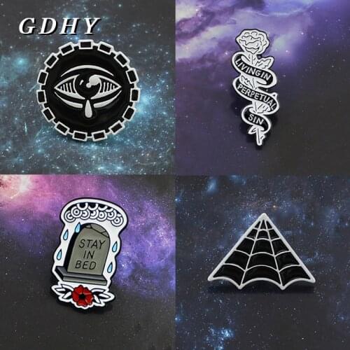 "STAY IN BED" Gravestone "LIVING IN PERPRTUAL SIN"Flower Rose Brooch Evil Eye Disc Triangle Spider Spider Web Brooch Badge Pins