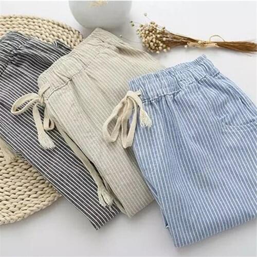 Bigsweety Cotton Linen Women Casual Pants Fashion Loose Long Pants Elastic Waist Straight Striped Trousers Pantalon