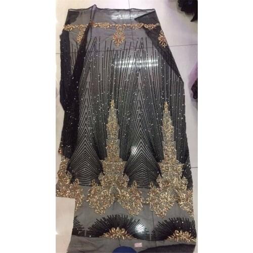 Black and gold sequins fabric 2017 fashion african tulle lace fabric with full sequins 5yard high quality lace fabric