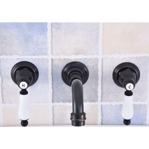 Black Oil Rubbed Brass Dual Handles Widespread 3 Holes Wall Mounted Bathroom Tub Sink Basin Faucet Sink Mixer Tap msf497