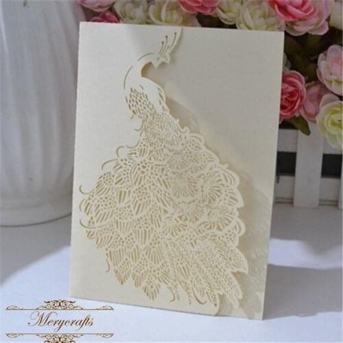Hot sale elegant & artistic paper wedding invitations card Striking laser cut unique peacock design invitations